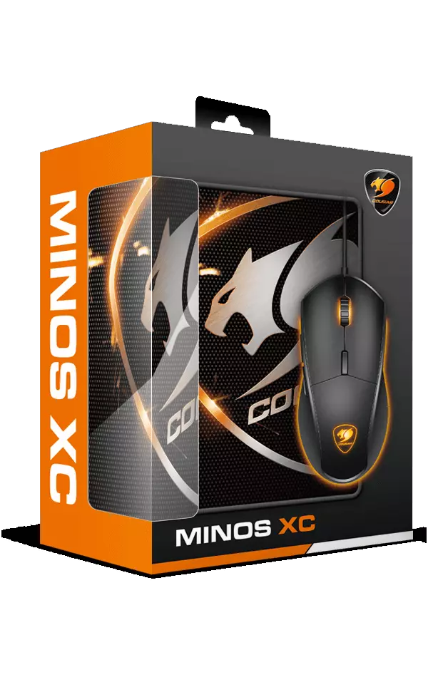 Souris de jeu Minos XC avec capteur optique de haute précision, six boutons programmables et rétroéclairage LED personnalisable. Livrée avec un tapis de souris.