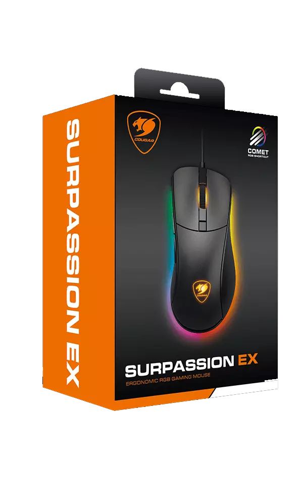 Souris de jeu Cougar Gaming Surpassion EX avec capteur optique de haute précision, six boutons programmables et rétroéclairage LED RGB personnalisable.