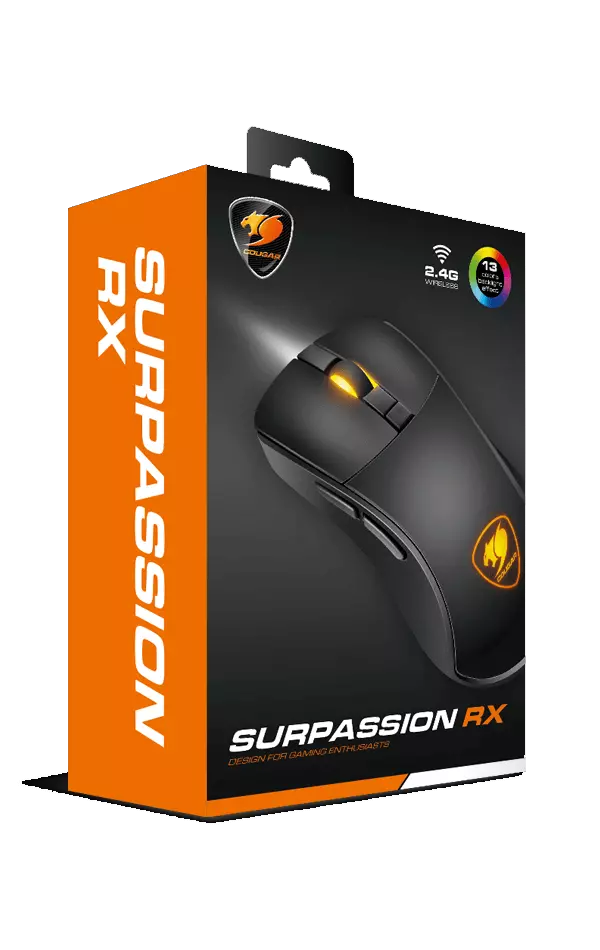 Souris de jeu sans fil Surpassion RX avec capteur optique de haute précision, six boutons programmables et rétroéclairage LED RGB personnalisable.
